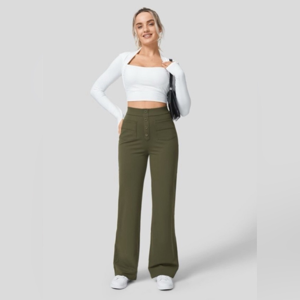 Halara High Waisted Button Multiple Pockets Straight Leg Casual Pants NEW/NWT💚 - Picture 6 of 10
